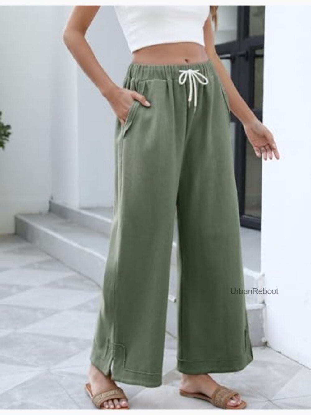 Women's Baggy Wide Leg Palazzo Pants Elastic Waist Lounge Trousers - Picture 2 of 7